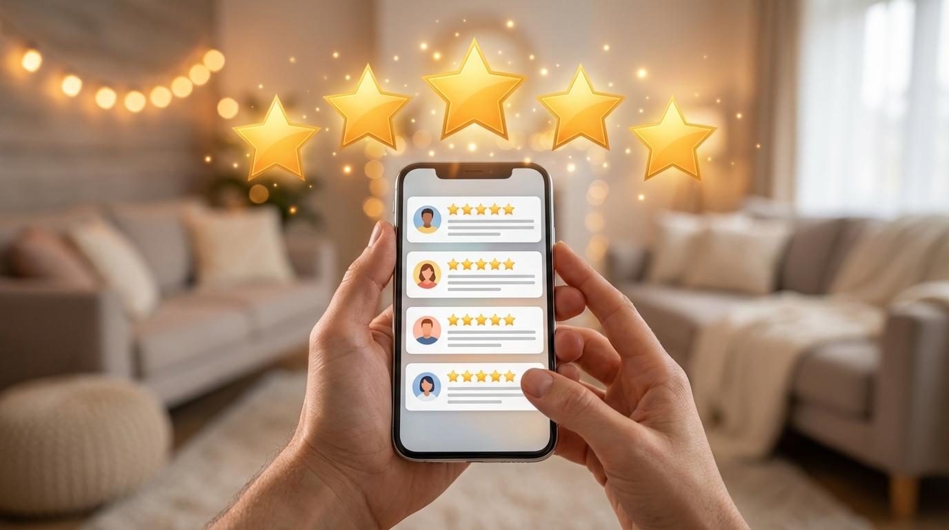 Smartphone affichant les avis voyageurs avec étoiles